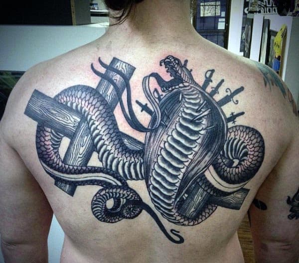 Mens Back King Cobra Snake With Daggers Tattoo