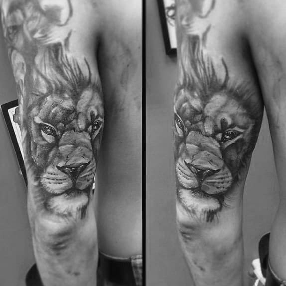 Mens Back Of Arm Shaded Black And Grey Lion Tattoo