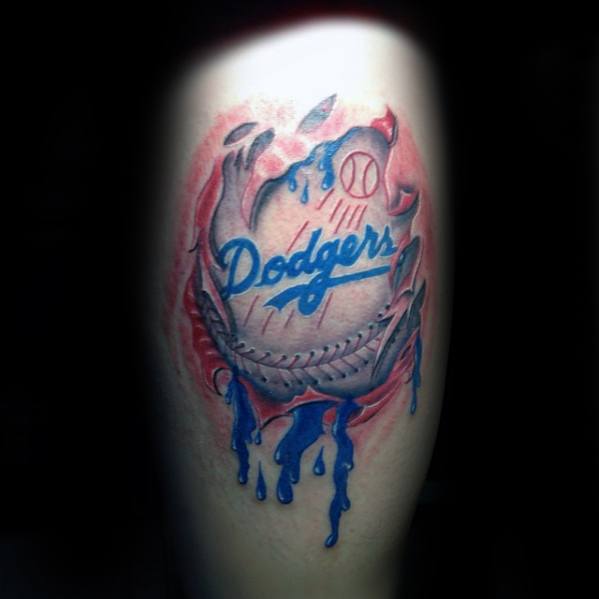 Mens Back Of Leg Baseball Dodgers Tattoo Design Ideas