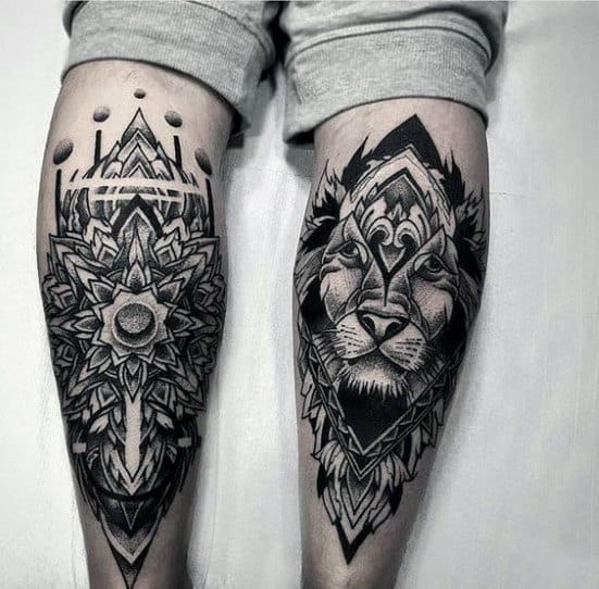 Mens Back Of Leg Ornate Lion Tattoo Designs