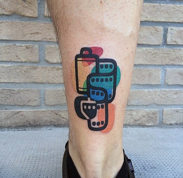 Mens Back Of Leg Small Colorful Film Strip Tattoo Designs