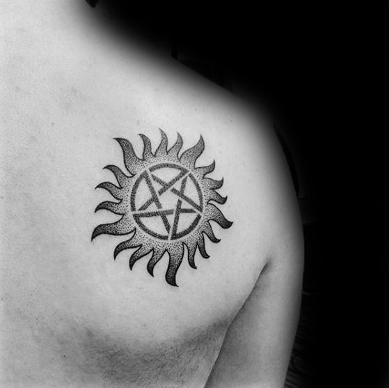 Mens Back Of Shoulder Blade Anti Possession Symbol Tattoo