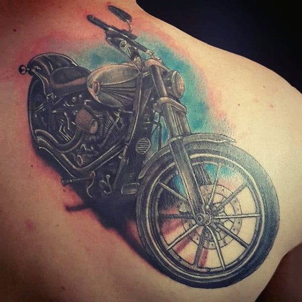 Mens Back Of Shoulder Classic Harley Davidson Motorcycle Tattoos