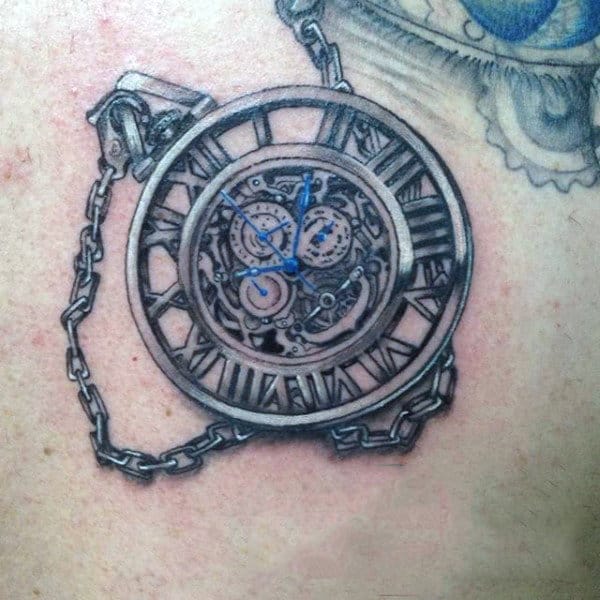 Mens Back Pocket Watch Tattoo With Blue Dials