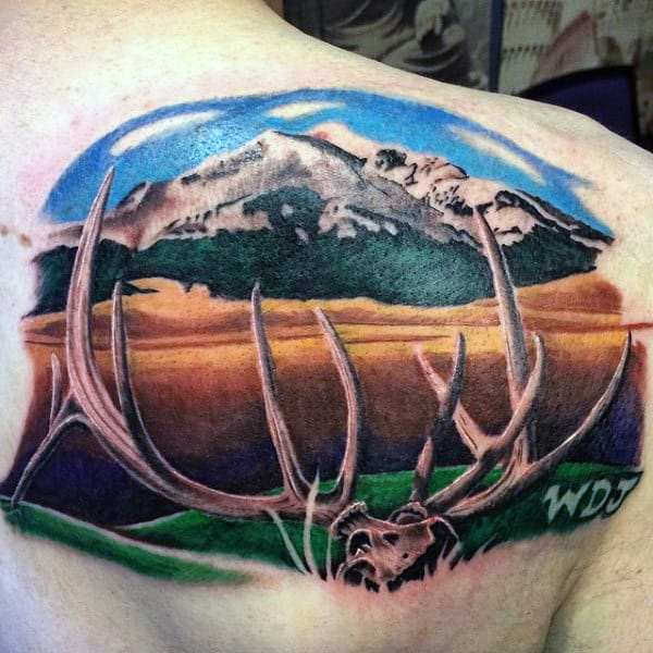 Mens Back Realistic Antler Mountain Tattoo Design Ideas