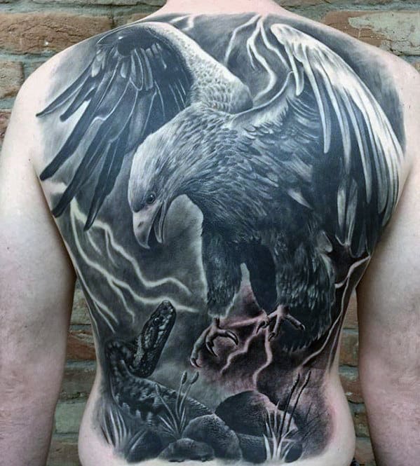 Mens Back Realistic Eagle And Snake 3d Tattoos