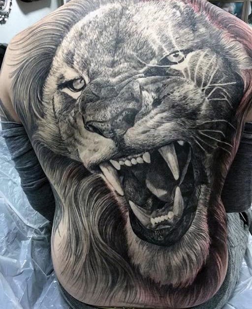 Mens Back Roaring Beast Black And Grey Tattoo
