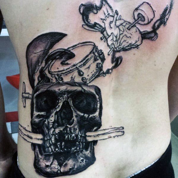 Mens Back Skull Drum Tattoos Designs