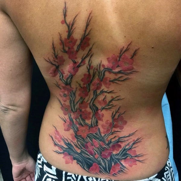Mens Back Tattoo Of Cherry Blossom Tree