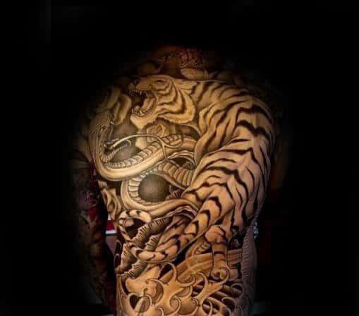 Mens Back Tattoo Of Snake And Japanese Tiger Design