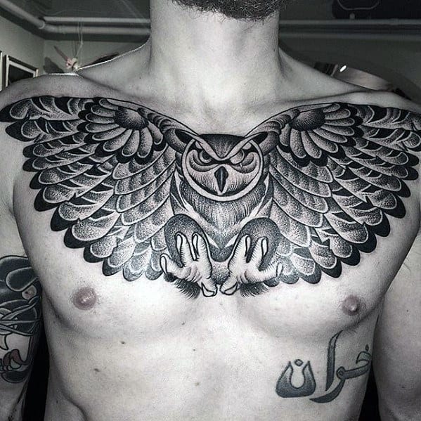 Mens Badass Flying Owl Dotwork Chest Tattoo