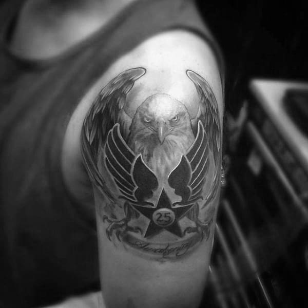 Mens Bald Eagle Air Force Star Upper Arm Tattoo