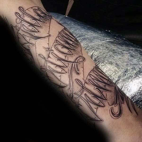 Mens Banner Name Forearm Sleeve Tattoo Designs