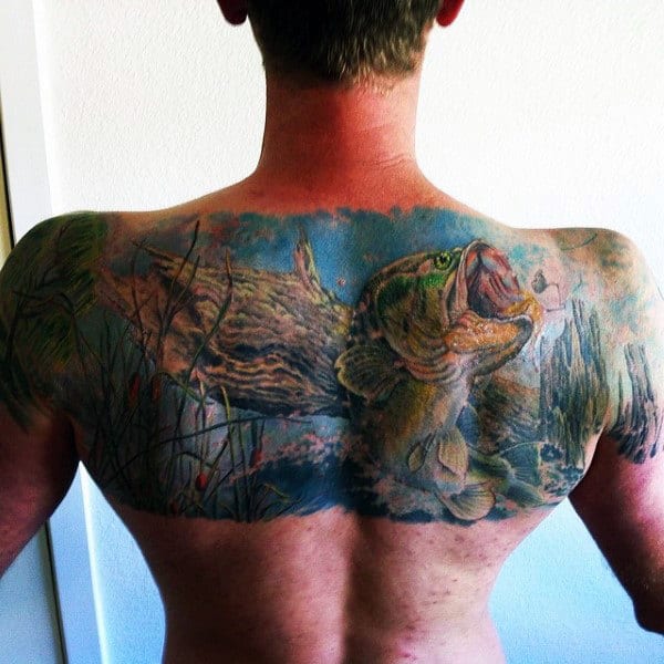 Mens Bass In Nature Half Back Tattoo Design Ideas