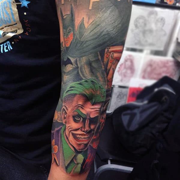 Mens Batman And Joker Sleeve Tattoos