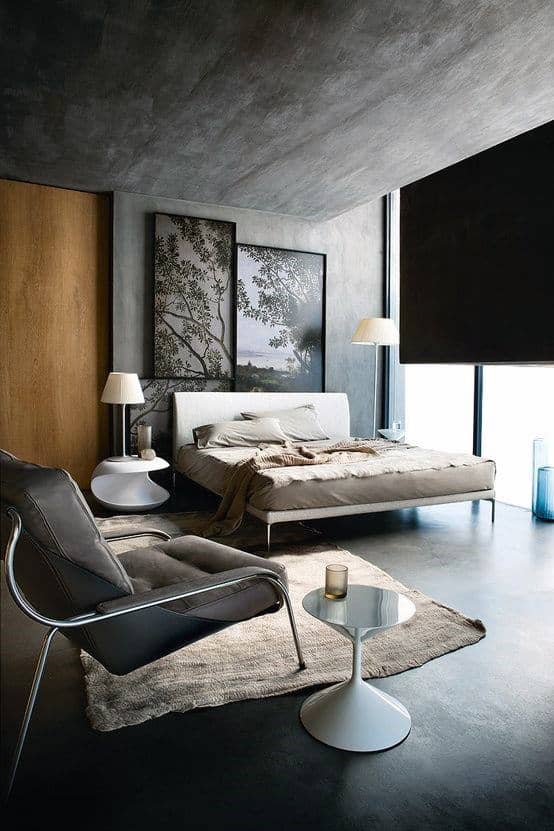 modern bedroom concrete flooring king bed