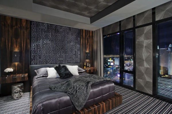 modern high rise apartment bedroom city view