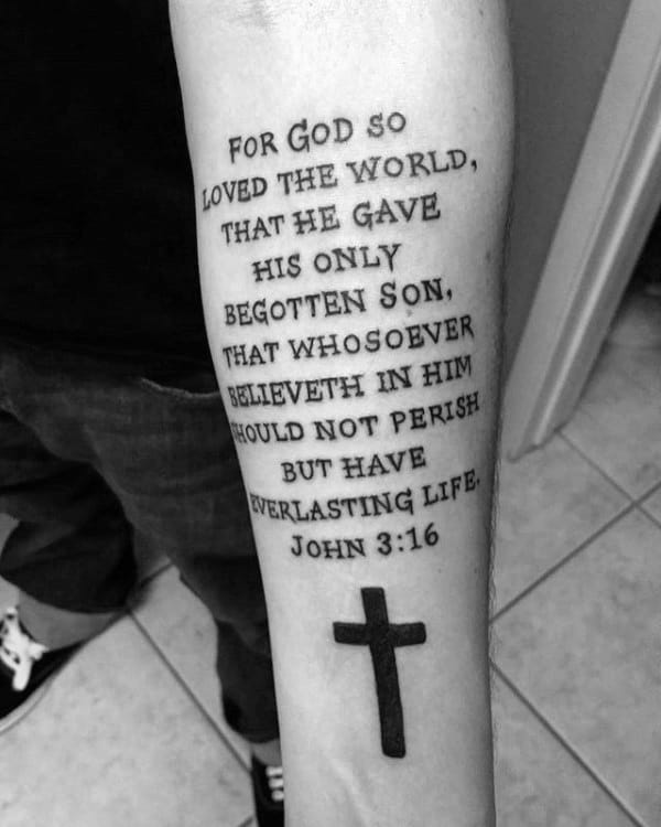 Mens Bible John 316 Black Cross Inner Forearm Tattoo