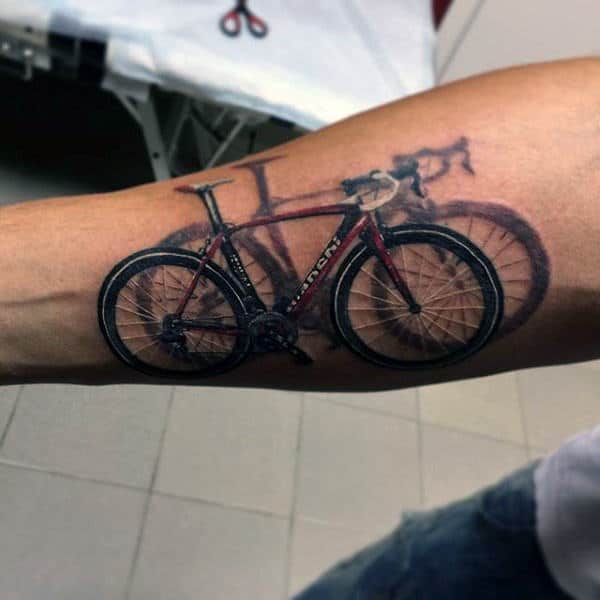 Mens Bicycle With Shadow Effect Tattoo On Forearms