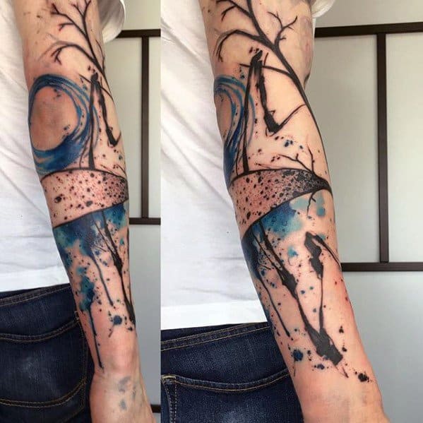 Mens Black And Blue Ink Watercolor Artsy Arm Tattoo