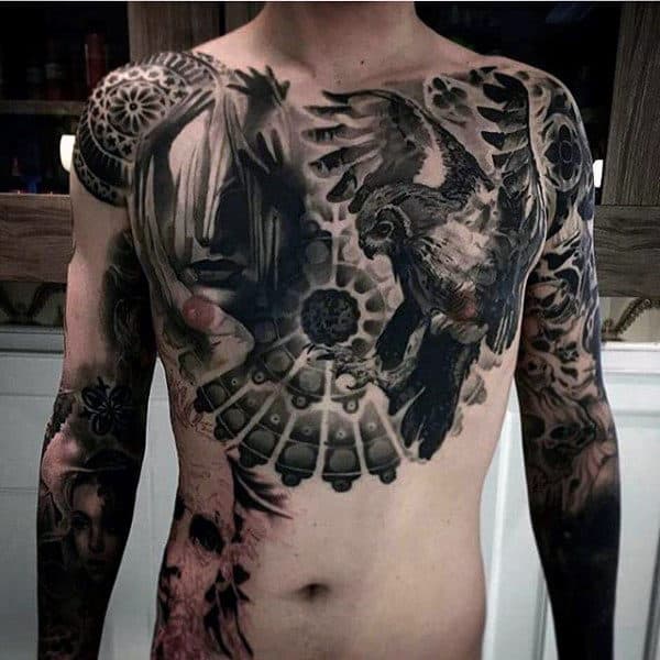 Mens Black And Grey Raven Tattoo On Chest And Sleeves