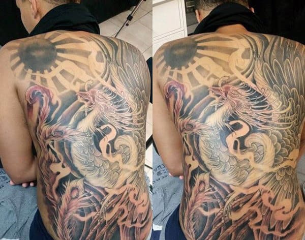 Men's Black And Grey Phoenix Back Tattoo