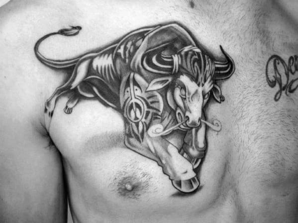 Mens Black And Grey Shaded Running Bull Tribal Upper Chest Tattoo