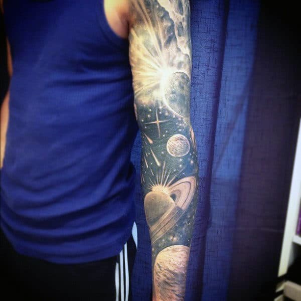 Mens Black And Grey Universe Tattoo On Sleeve