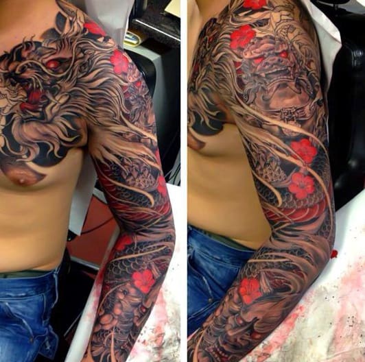 Mens Black And Red Cherry Blossom Sleeve Tattoos