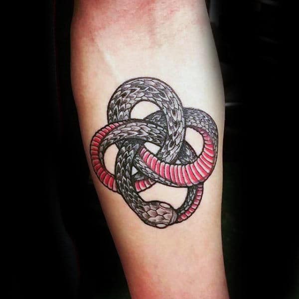 Mens Black And Red Ink Ouroboros Inner Forearm Tattoo