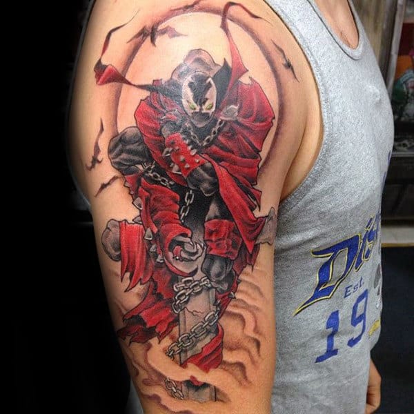 Mens Black And Red Ink Spawn Arm Tattoo Ideas