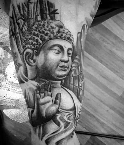 Mens Black Buddha Tattoo On Lower Limbs
