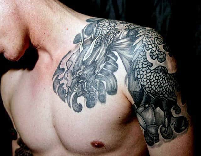 Mens Black Gray Dragon Quarter Sleeve Tattoo