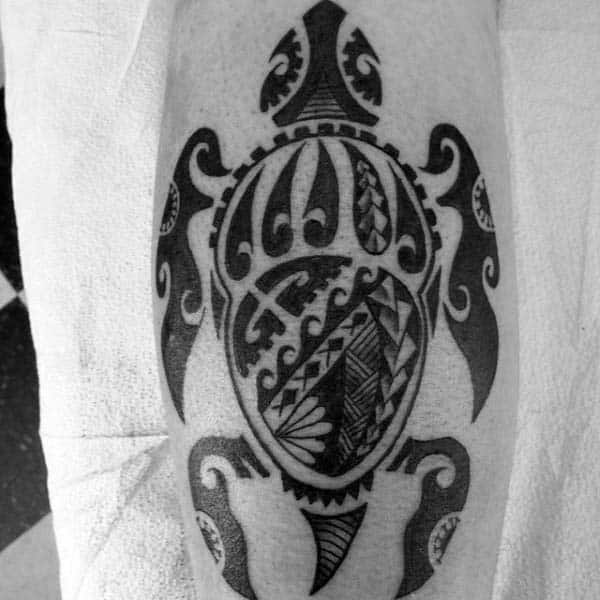 Mens Black Ink Back Of Leg Calf Polynesian Tribal Turtle Tattoo Designs