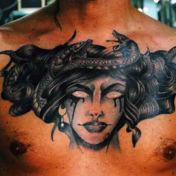 Mens Black Ink Cool Medusa Tattoos On Chest