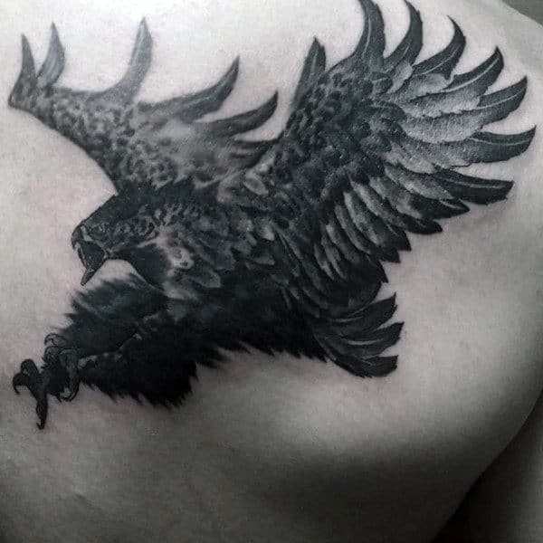 Mens Black Ink Diving Hawk Tattoo On Back