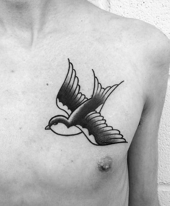 Mens Black Ink Flying Bird Sparrow Traditional Tattoo On Chest