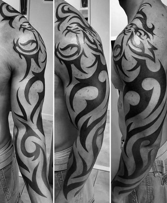 Mens Black Ink Full Arm Tribal Tiger Tattoos