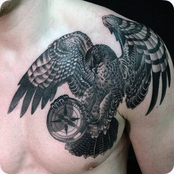 Mens Black Ink Hawk Clutching Compass Tattoo On Shoulder