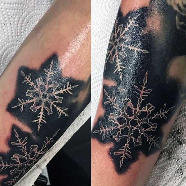 Mens Black Ink Ice Crystal Snowflake Shin Tattoos