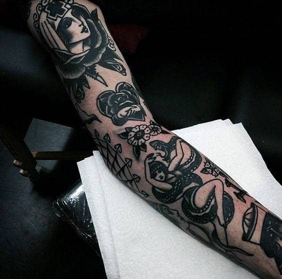 mens-black-ink-old-school-traditional-sleeve-tattoo
