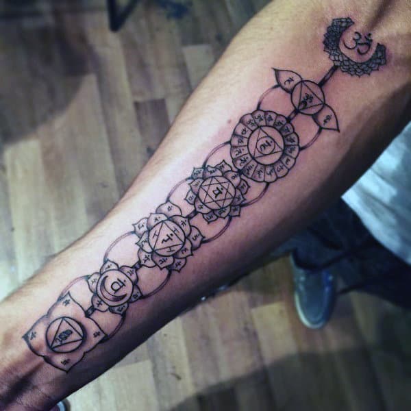 Mens Black Ink Outlien Chakras Inner Forearm Tattoo
