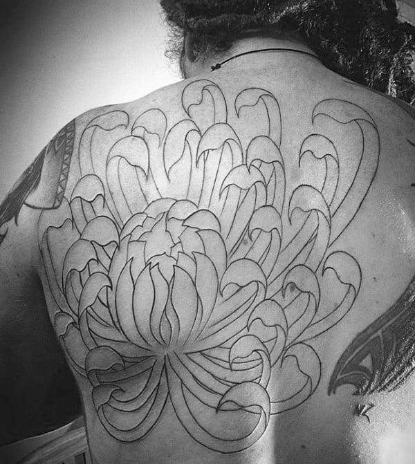 Mens Black Ink Outlien Chrysanthemum Flower Back Tattoo