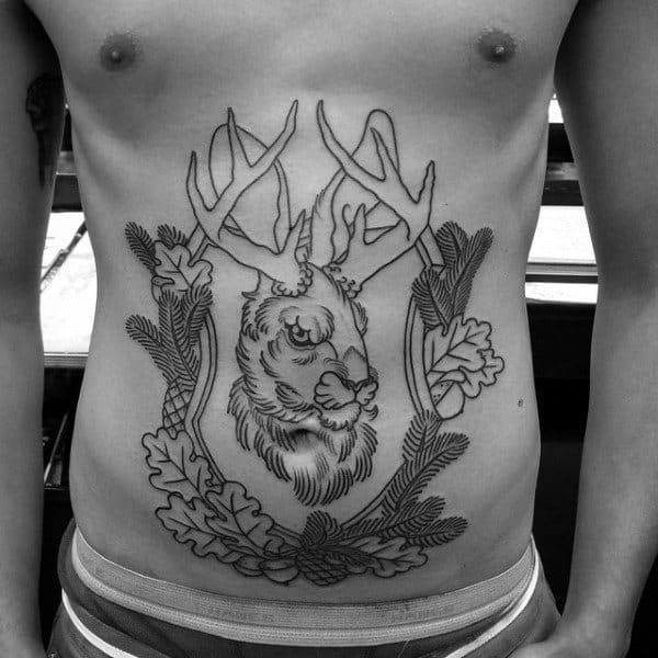 Mens Black Ink Outline Deer Acorn Stomach Tattoos