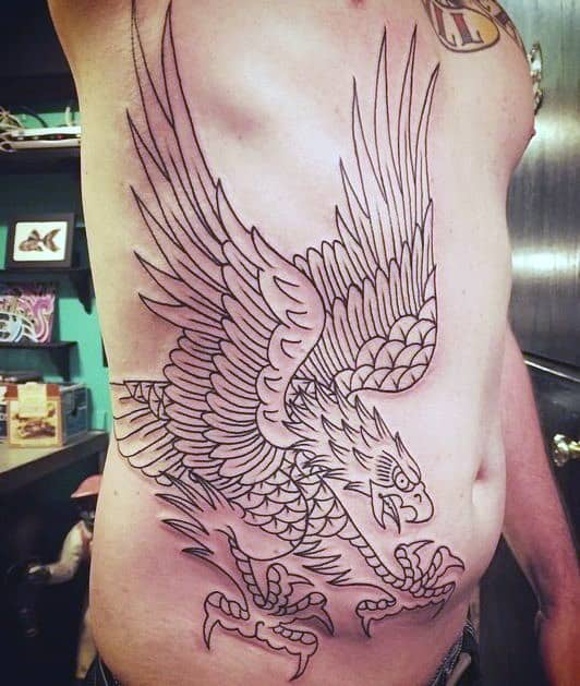 Mens Black Ink Outline Eagle Traditional Rib Cage Side Tattoos