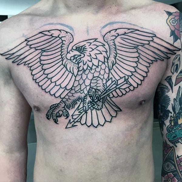 Mens Black Ink Outline Eagle With Arrows In Claws Chest Tattoo
