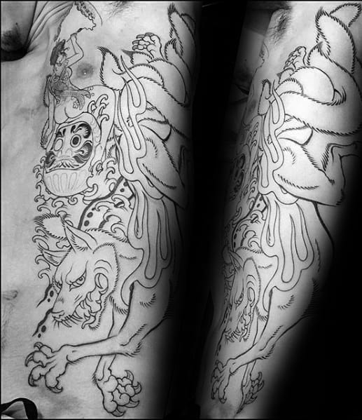 Mens Black Ink Outline Kitsune Fox Half Chest And Ribs Tattoo