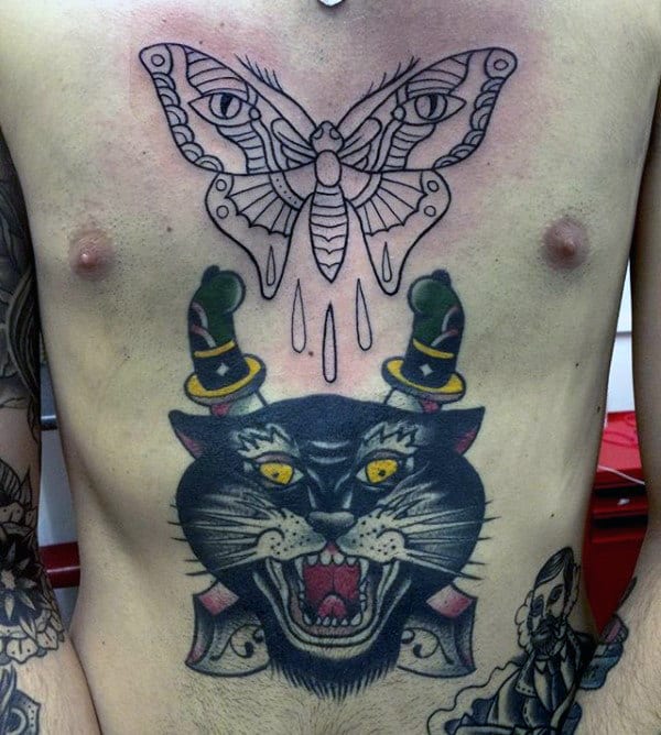 Mens Black Ink Outline Moth Chest Tattoos