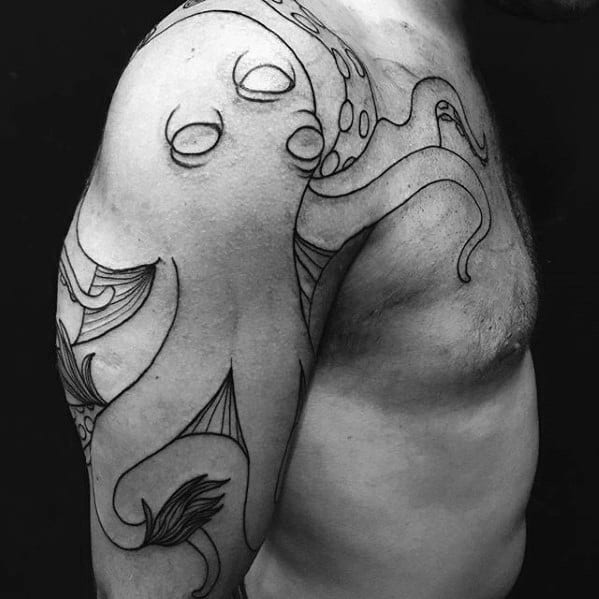 Mens Black Ink Outline Octopus Arm And Chest Tattoos