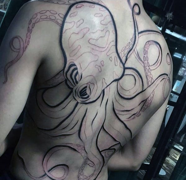 Mens Black Ink Outline Octopus Back Tattoo Ideas
